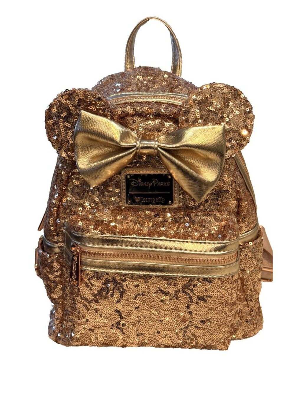Loungefly Disney Parks Rose Gold Sequin Minnie Mouse Backpack Bow Ears NWOT